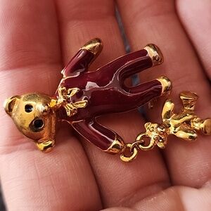 VTG Gold and Burgundy Teddy Bear Brooch